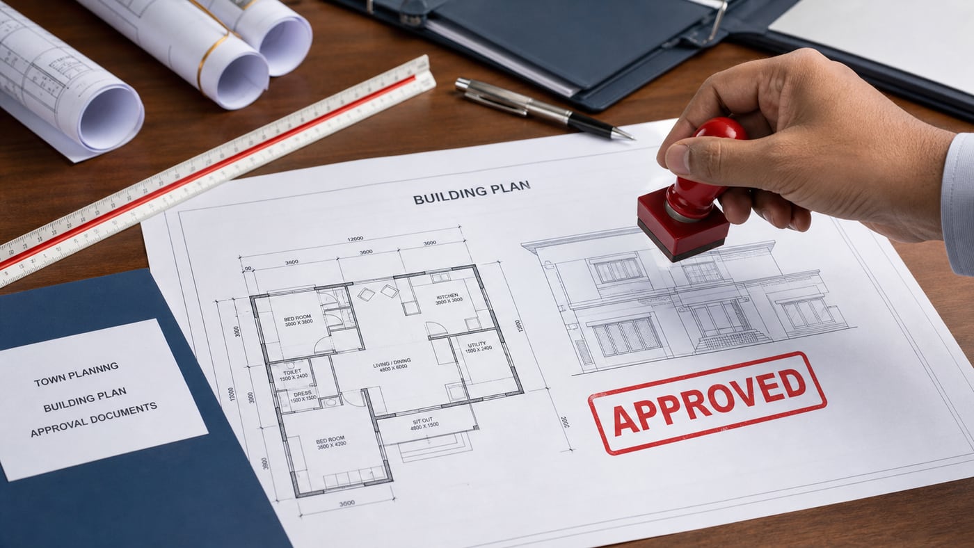 Government-authorized residential building plan marked approved